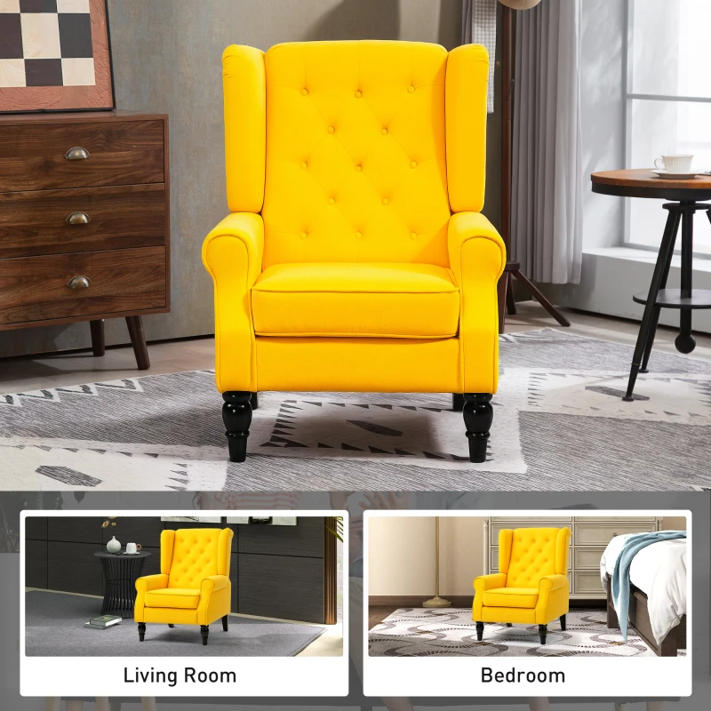 HOMCOM Wingback Accent Chair for Living Room, Button-Tufted Lounge Chair with Round Armrests and Wood Legs, Yellow