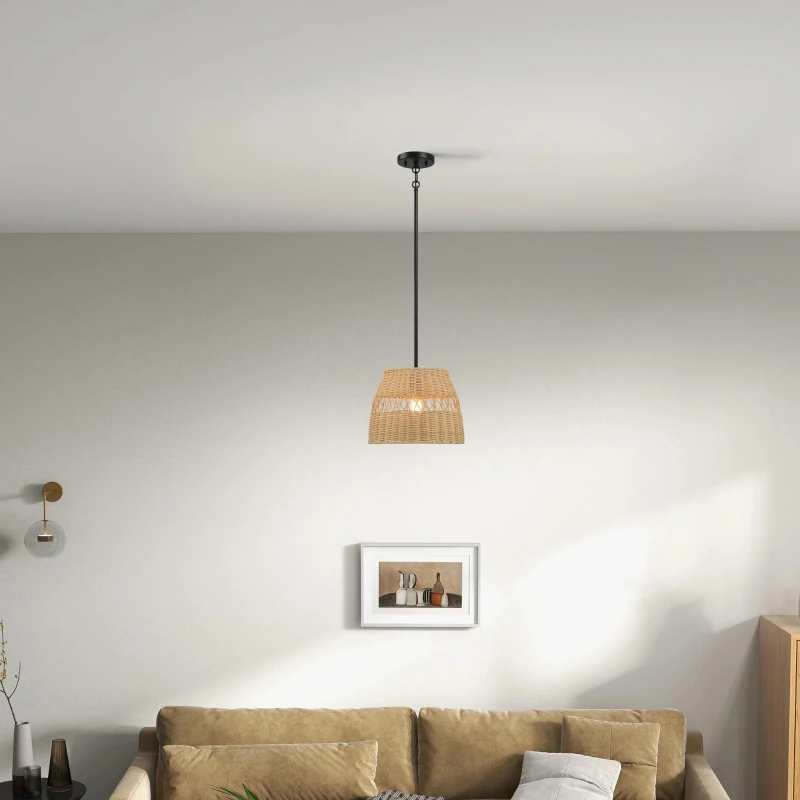 Farmhouse Style Single Light Pendant with Rattan Shade, Black Metal Finish, Ideal for Homer Decor, 12" L x 12" W x 10" H, Black