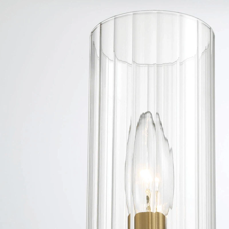 Single Light Wall Sconce with Clear Ribbed Glass, Satin Brass Finish, Elegant Home Lighting Solution, 5" L x 5" W x 10" H, Clear+Gold