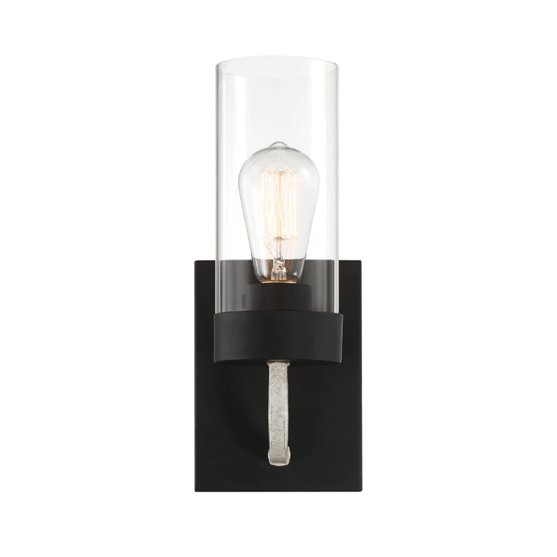 Zephyr Single Light Sconce with Clear Glass, Metal Finish, Modern Elegance 5" L x 6" W x 12" H, Black+Clear