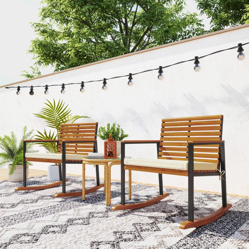 Outsunny Acacia Wood Outdoor Lawn Rocking Chair Set of 2, Outdoor Patio Rocking Chairs with Armrests, Cushion, Cream White