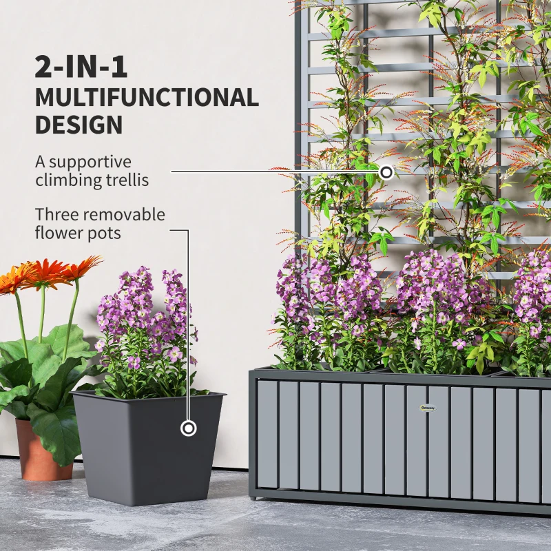 Outsunny Wooden Raised Garden Bed with Trellis, Removable Pots, for Backyard, Patio, Balcony, 29" x 11" x 52", Gray