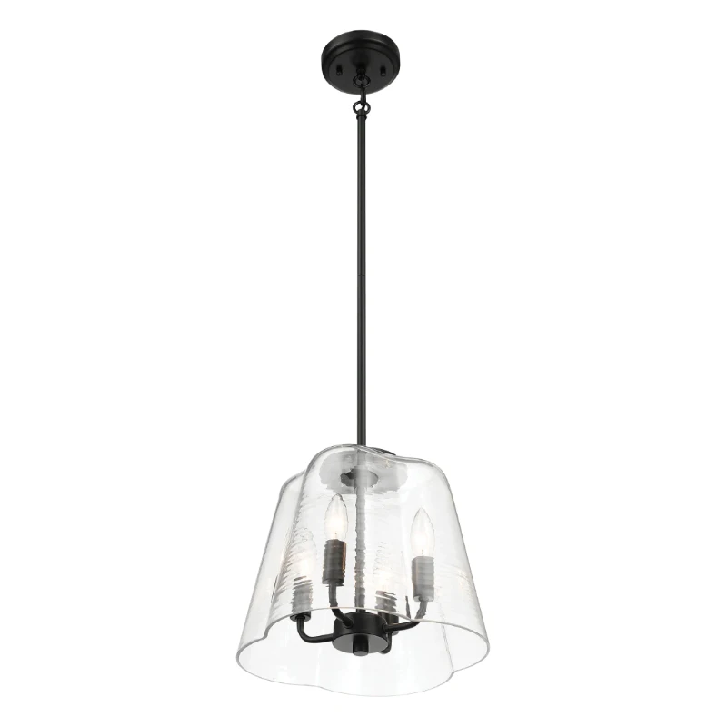 Modern Four Candle Lights Pendant with Sleek Black Finish, Clear Glass Shade, Ideal for Living Room, Bedroom, 13" L x 13" W x 11" H, Black+Clear