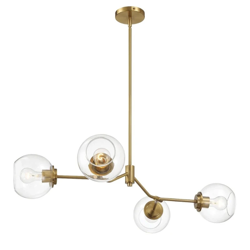 Jewel Four-Light Modern Farmhouse Chandelier with Clear Glass, Ceiling Hanging Light Fixture for Kitchen Island Dining Room, 36" L x 20" W x 8" H, Clear+Gold