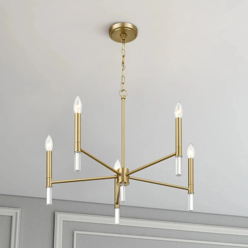 Courtyard Five Light Candle Light Chandelier with Elegant Design, Golden Brass Finish, 24" W x 24" L x 18" H, Clear+Gold