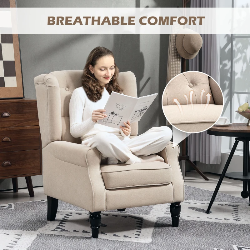HOMCOM Wingback Accent Chair for Living Room, Button-Tufted Lounge Chair with Round Armrests and Wood Legs, Beige
