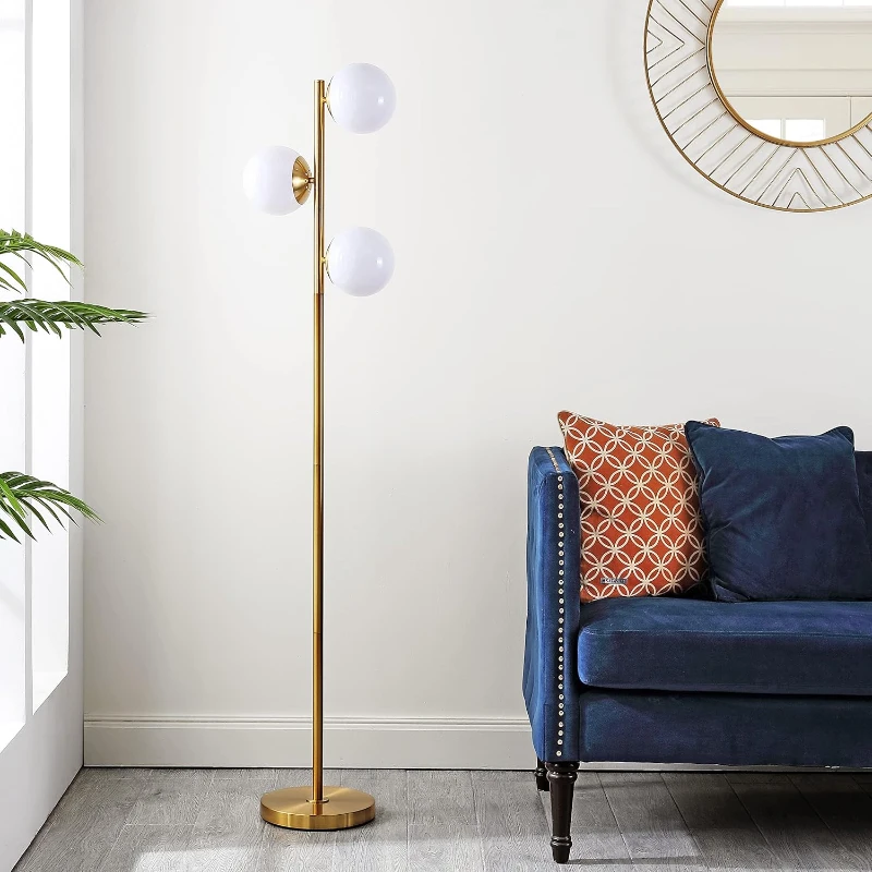 Brilliance Modern Gold Brush Floor Lamp with Opal Glass Shades, Round Metal Base, 14" L x 10" W x 64" H, Clear+Gold
