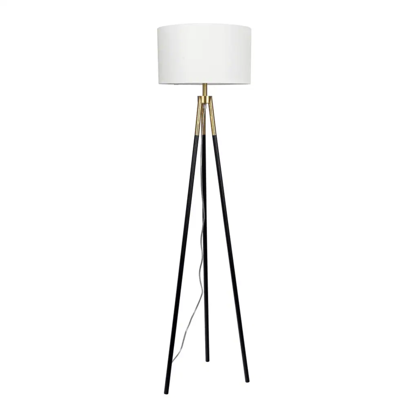 Elegant Brassed Floor Lamp with On/Off Switch, Triple Legs, Fabric Shade, Ideal for Home Decor, 15" L x 15" W x 60" H, Black+White