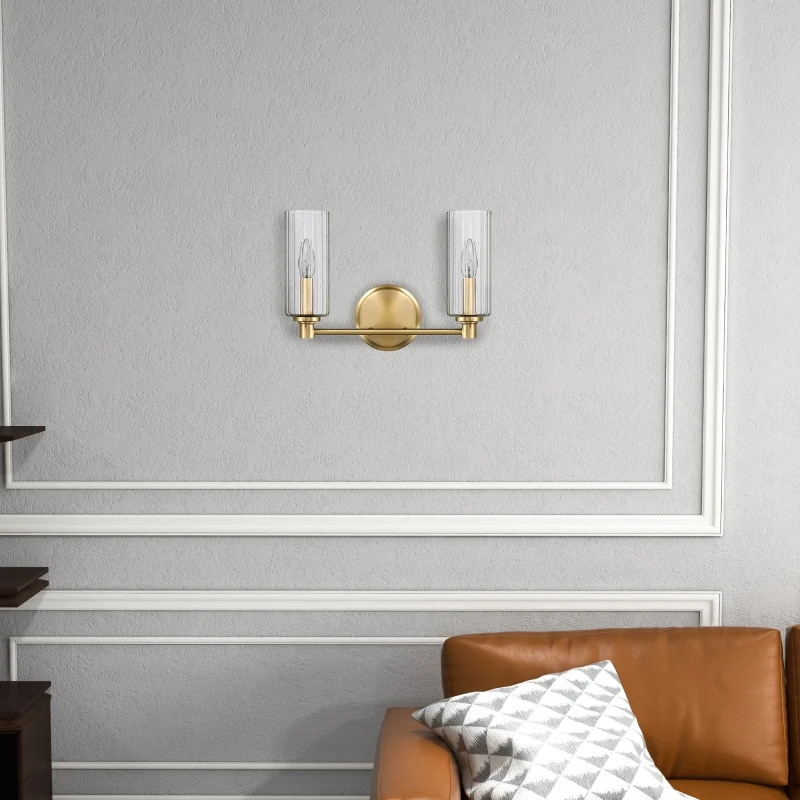 Regal Double Light Vanity with Clear Ribbed Glass, Satin Brass Finish, 15" L x 5" W x 10" H, Antique Brass+Clear