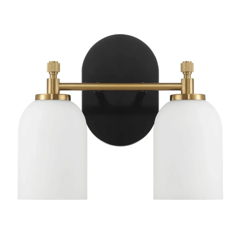 Vortex Two Lights Vanity Wall Sconce with White Frosted Glass, Traditional Style for Over Bathroom Mirror, 10.5" L x 5.5" W x 10" H, Gold+White