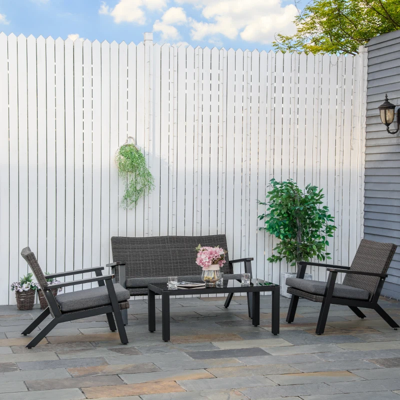 Outsunny 4 Pieces Patio Furniture Set, All Aluminum Frame Outdoor Sofa Set PE Rattan Sofa with 2 Cushioned Sofas, 1 Loveseat and Coffee Table with Tempered Glass Top for Garden, Backyard, Black, Grey