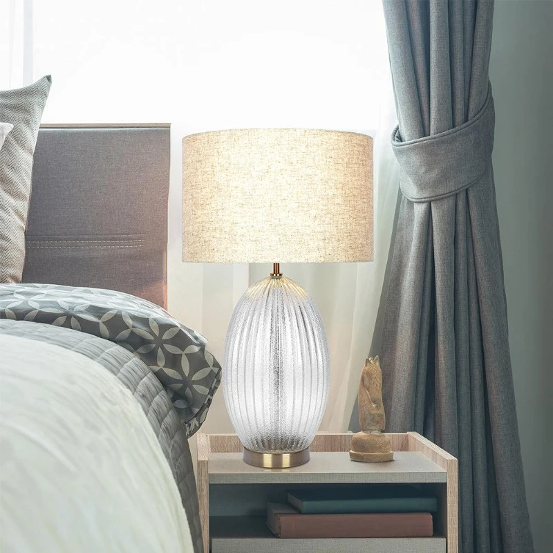 Aurora Ribbed Glass Table Lamp with Large Linen Shade, Elegant Design and Golden Base, 12" L x 12" W x 17" H, Beige+Clear