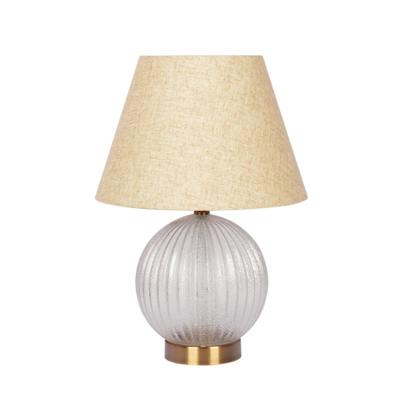 Round Ribbed Glass Table Lamp with Large Linen Shade, E26 Rotary Switch, Ideal for Living Room, Study, 12" L x 12" W x 17" H, Clear+Natural