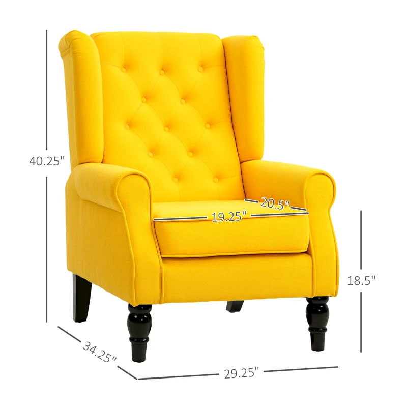 HOMCOM Wingback Accent Chair for Living Room, Button-Tufted Lounge Chair with Round Armrests and Wood Legs, Yellow
