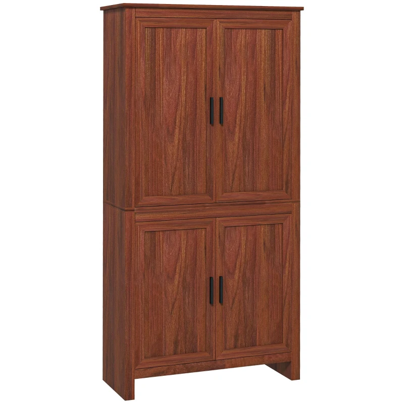 HOMCOM 64" 4-Door Kitchen Pantry, Freestanding Storage Cabinet with 3 Adjustable Shelves for Kitchen, Brown