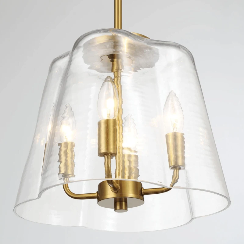 Elegant Four Candle Lights Pendant with Satin Brass Finish, Clear Glass Design, Ideal for Home Decor, 13" L x 13" W x 11" H, Clear+Gold