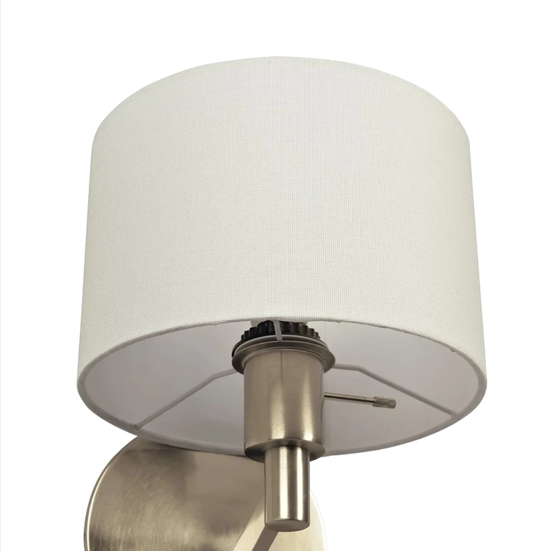 Modern Wall Lamp with Rotary Switch, Brushed Nickel Base, Fabric Shade, Ideal for Bedroom, Living Room, 9" L x 10" W x 11" H, Silver+White