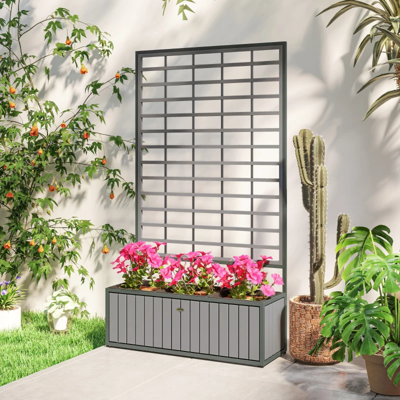 Outsunny Wooden Raised Garden Bed with Trellis, Removable Pots, for Backyard, Patio, Balcony, 29" x 11" x 52", Gray