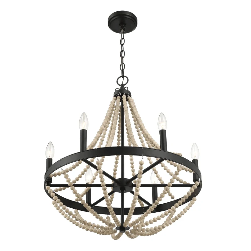 Starry Wood Chandelier with Farmhouse Six Candle Light Pendant, Wood Beads, Perfect for Dining Room, 22" L x 22" W x 25.5" H, Black+Clear
