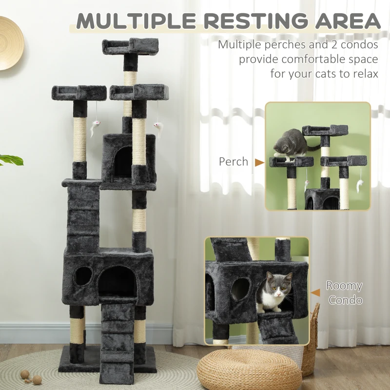 PawHut 68-inch Multi-Level Cat Scratching Tree Kitty Activity Center Post Tower Condo Pet Furniture w/ Toy Grey