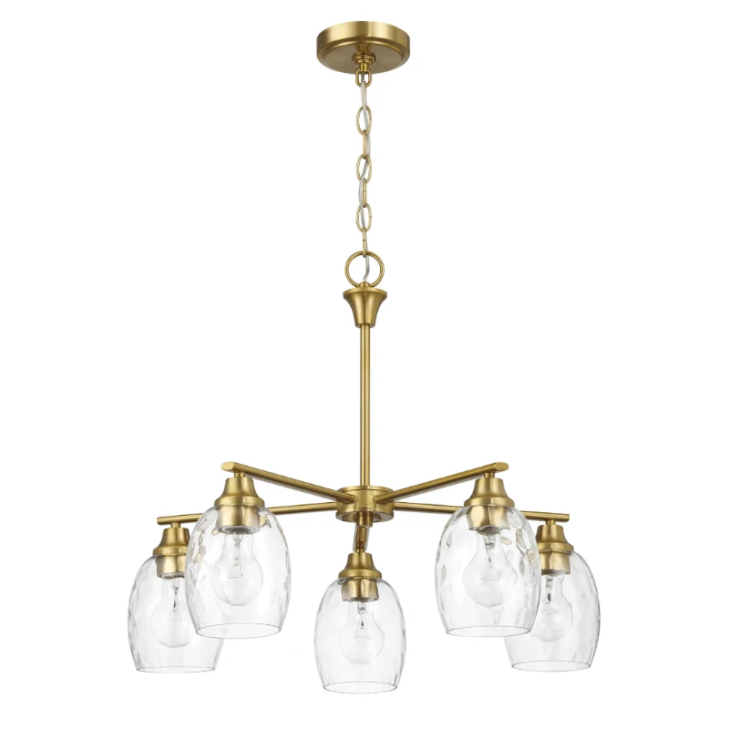 Elegance Five-Light Linear Arm Chandelier with Golden Brass Finish and Clear Water Glass, 24" L x 24" W x 20.5" H, Clear+Gold