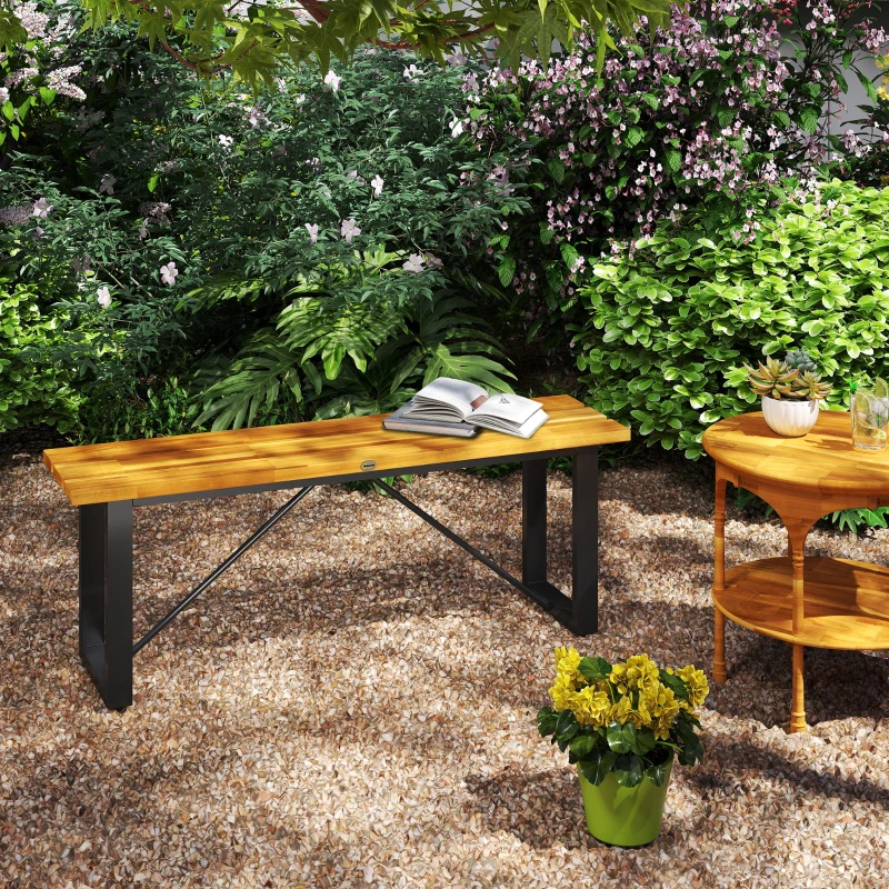 Outsunny Outdoor Bench, 2-Person Backless Garden Bench, Acacia Wood Patio Bench Loveseat with Slatted Seat for Porch, Park, Teak