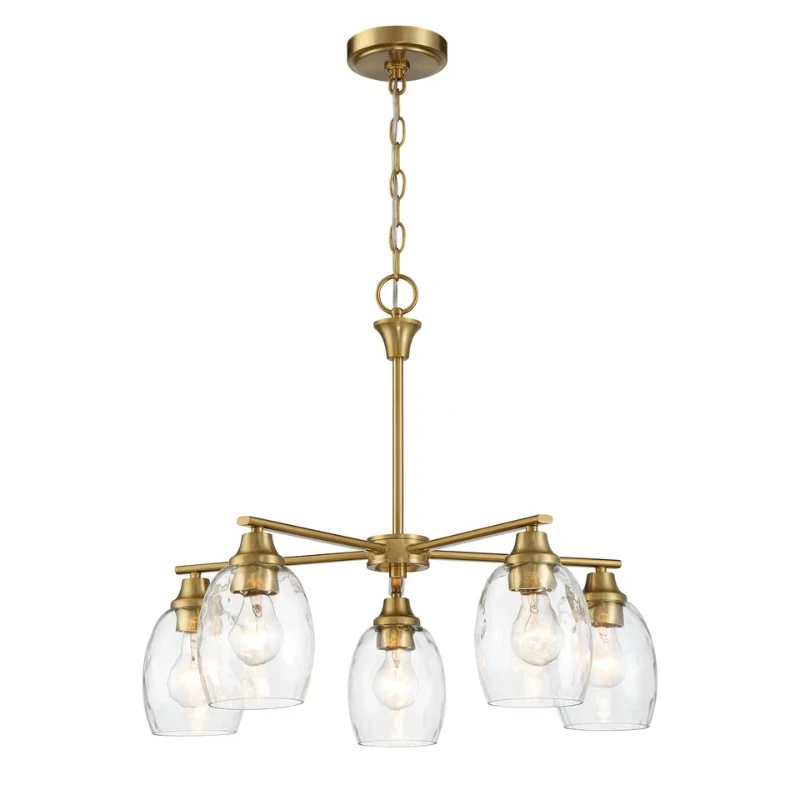 Elegance Five-Light Linear Arm Chandelier with Golden Brass Finish and Clear Water Glass, 24" L x 24" W x 20.5" H, Clear+Gold
