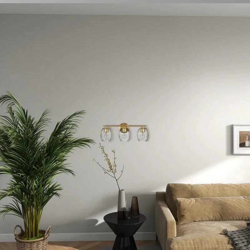 Luxurious Three-Light Vanity Wall Lamp with Clear Glass, Satin Brass Finish, Perfect for Bathroom Decor, 7.5" L x 22" W x 8.5" H, Clear+Gold