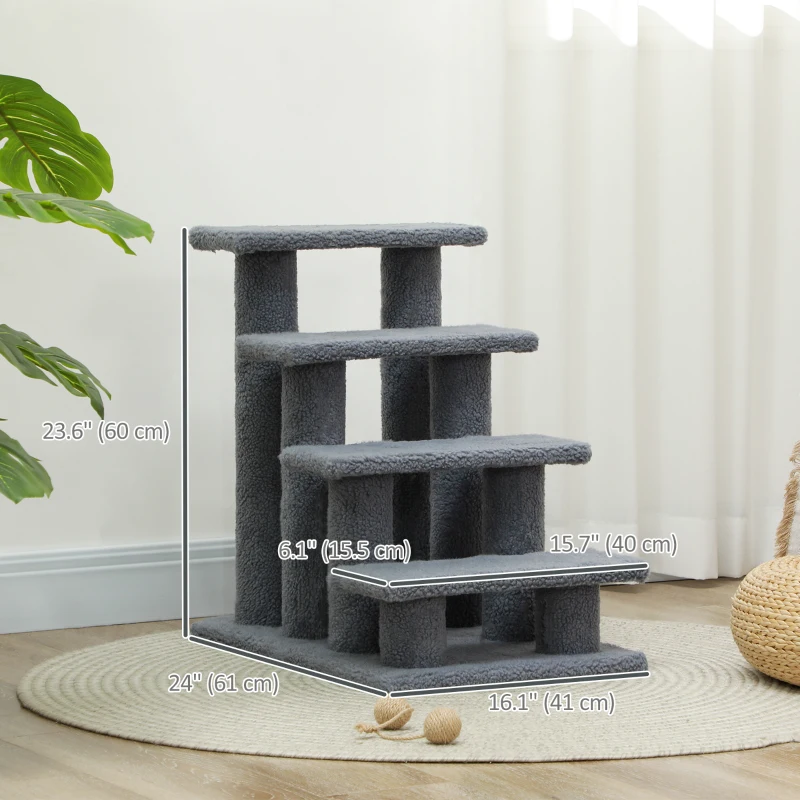 PawHut 4-Step Multi-Level Carpeted Cat Scratching Post Pet Stairs, Grey