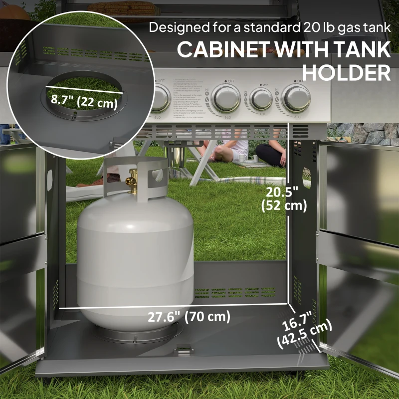 Outsunny 4+1 Burner Liquid Propane Gas Grill Outdoor Portable BBQ with Side Burner, Warming Rack, Side Shelf, Storage Cabinet, Thermometer, 4 Wheels, Tank Holder, Silver