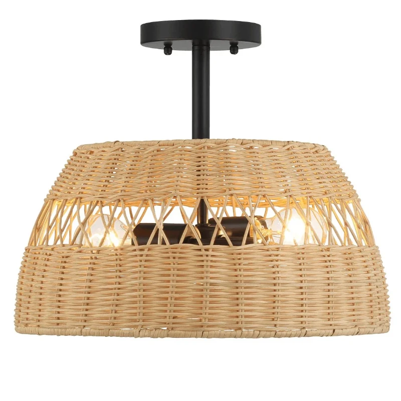 Twinkle Double Lights Semi Flush with Rattan Shade, Black Metal Finish, Farmhouse Style, 15" L x 15" W x 12.5" H, Black+Rattan