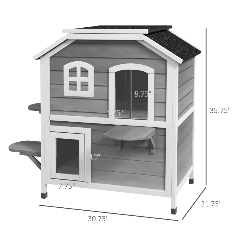PawHut 2-story Cat House Outdoor, Weatherproof Wooden Cat Enclosure for Feral Cats with Escape Door, Openable Roof, Jumping Platforms, Gray