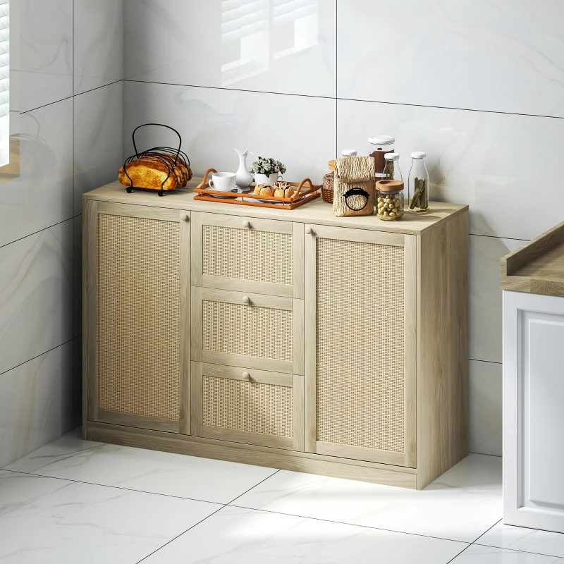 HOMCOM Boho Sideboard Buffet Cabinet, Kitchen Coffee Bar Cabinet with 3 Drawers, 2 Adjustable Shelves and 4 Racks, Natural