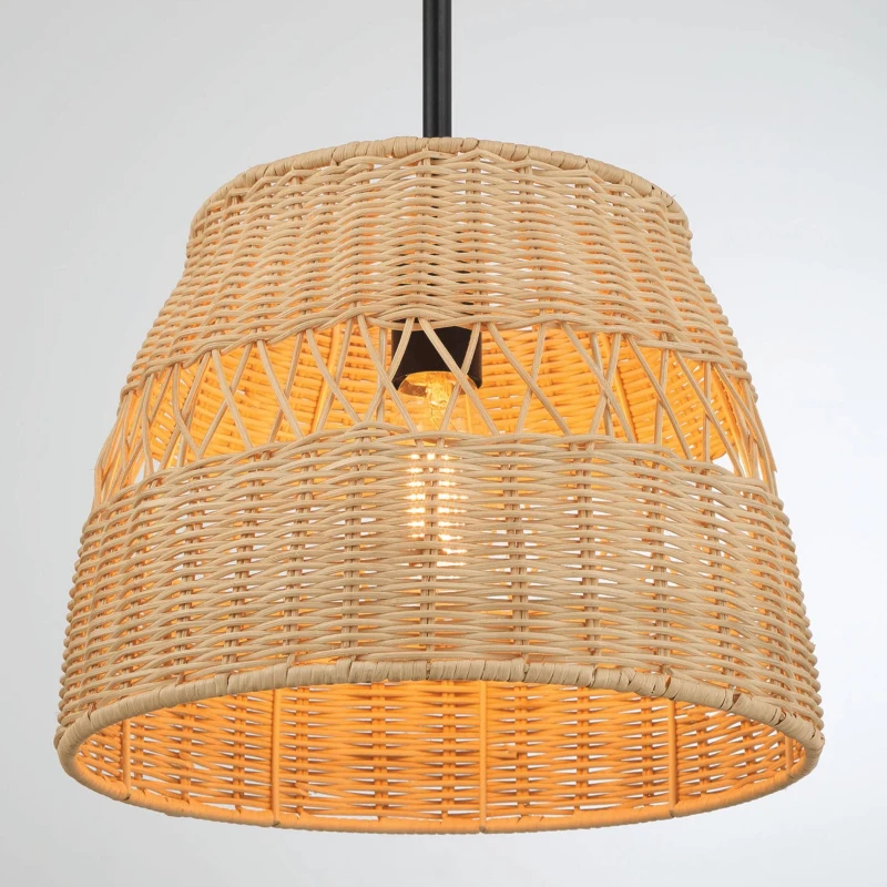Farmhouse Style Single Light Pendant with Rattan Shade, Black Metal Finish, Ideal for Homer Decor, 12" L x 12" W x 10" H, Black