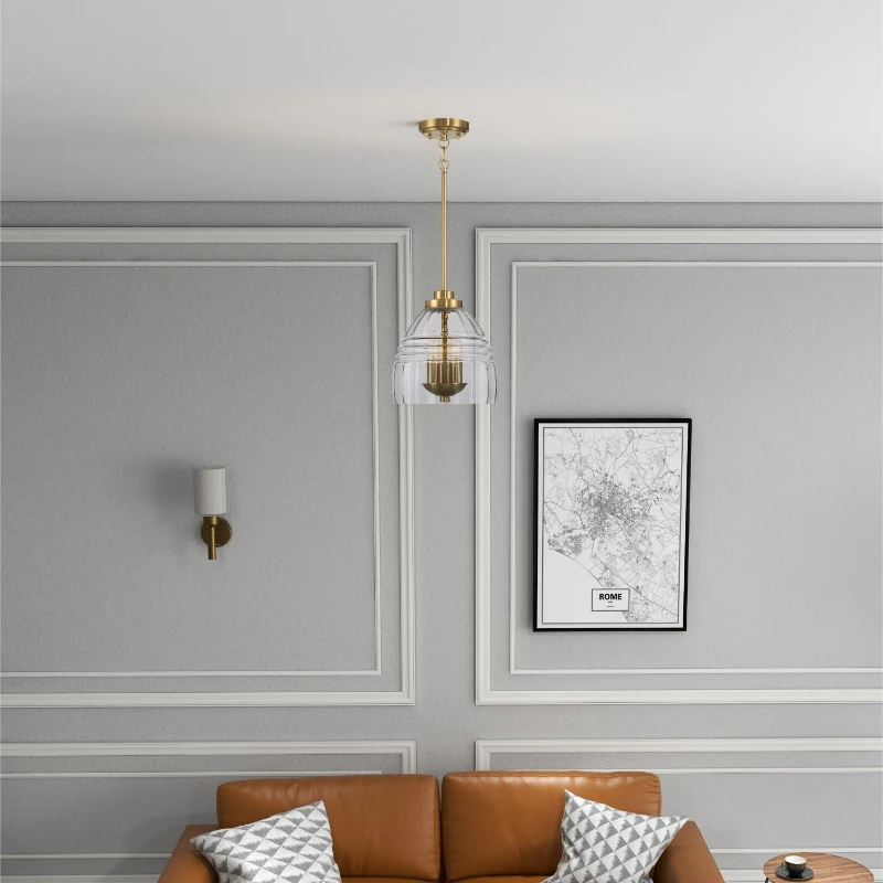 Three Candle Lights Chain Pendant with Clear Glass, Satin Brass Finish, Elegant Lighting Fixture for Home Decor, 10" L x 10" W x 11" H, Clear+Gold