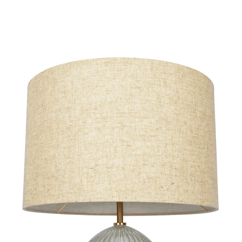 Aurora Ribbed Glass Table Lamp with Large Linen Shade, Elegant Design and Golden Base, 12" L x 12" W x 17" H, Beige+Clear
