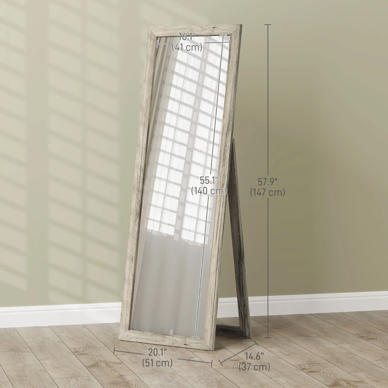 HOMCOM 58" x 20" Floor Standing Mirror, Full Body Mirror for Bedroom, Living Room, Grey Wood Grain