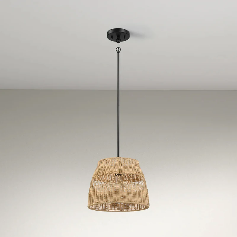 Farmhouse Style Single Light Pendant with Rattan Shade, Black Metal Finish, Ideal for Homer Decor, 12" L x 12" W x 10" H, Black