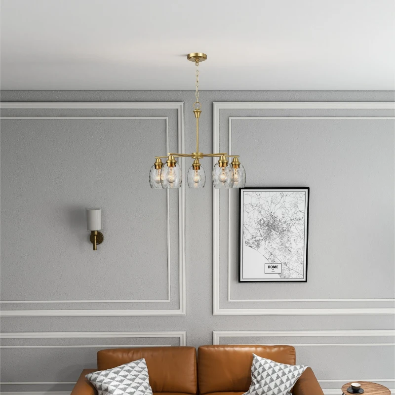 Elegance Five-Light Linear Arm Chandelier with Golden Brass Finish and Clear Water Glass, 24" L x 24" W x 20.5" H, Clear+Gold