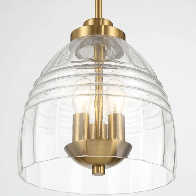 Three Candle Lights Chain Pendant with Clear Glass, Satin Brass Finish, Elegant Lighting Fixture for Home Decor, 10" L x 10" W x 11" H, Clear+Gold