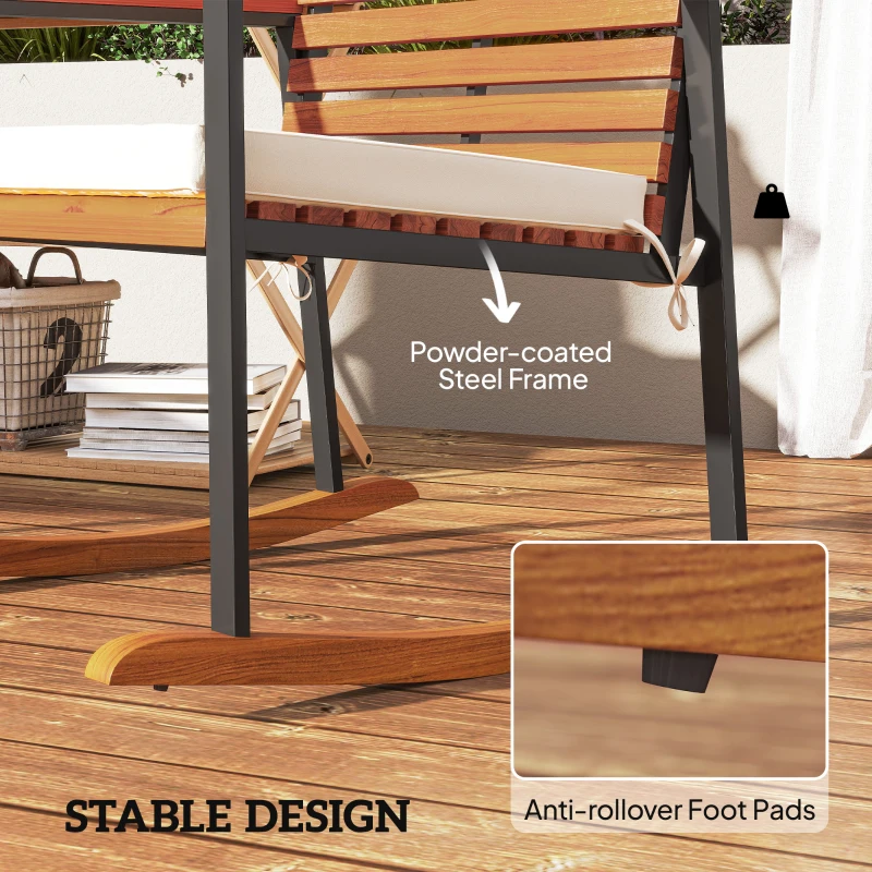 Outsunny Acacia Wood Outdoor Lawn Rocking Chair Set of 2, Outdoor Patio Rocking Chairs with Armrests, Cushion, Cream White