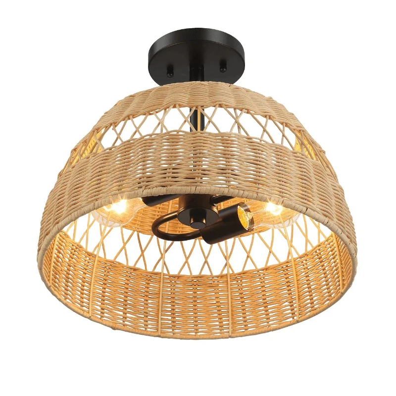 Twinkle Double Lights Semi Flush with Rattan Shade, Black Metal Finish, Farmhouse Style, 15" L x 15" W x 12.5" H, Black+Rattan