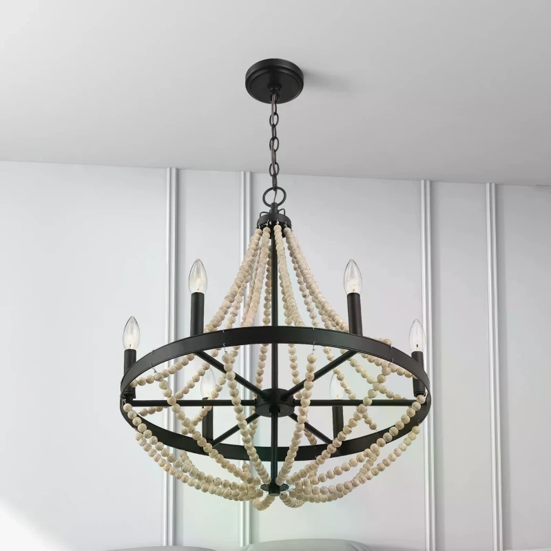 Starry Wood Chandelier with Farmhouse Six Candle Light Pendant, Wood Beads, Perfect for Dining Room, 22" L x 22" W x 25.5" H, Black+Clear
