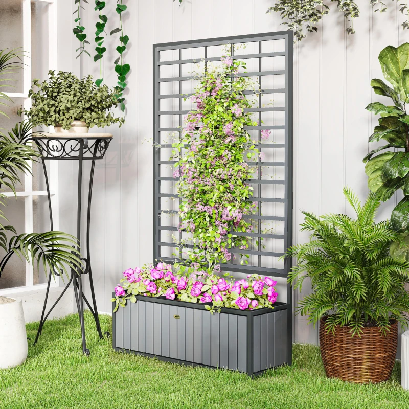 Outsunny Wooden Raised Garden Bed with Trellis, Removable Pots, for Backyard, Patio, Balcony, 29" x 11" x 52", Gray