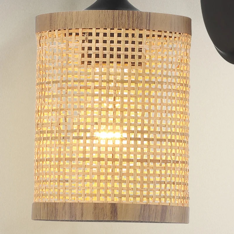 Reef Single Light Wall Sconce with Natural Rattan Shade, Rustic Wicker Wall Light, 5" L x 7" W x 9.5" H, Black+Rattan