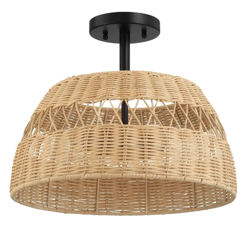 Twinkle Double Lights Semi Flush with Rattan Shade, Black Metal Finish, Farmhouse Style, 15" L x 15" W x 12.5" H, Black+Rattan