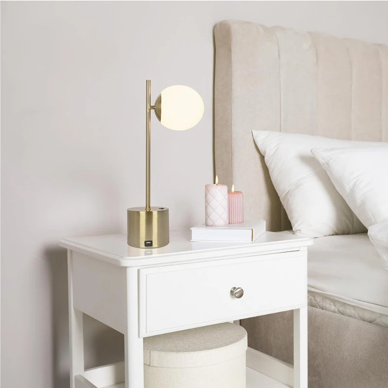 Ethereal Modern Brass Table Lamp with White Glass Globe Shade, Cozy Ambient Lighting, 6" L x 9" W x 22.0" H, Gold+White