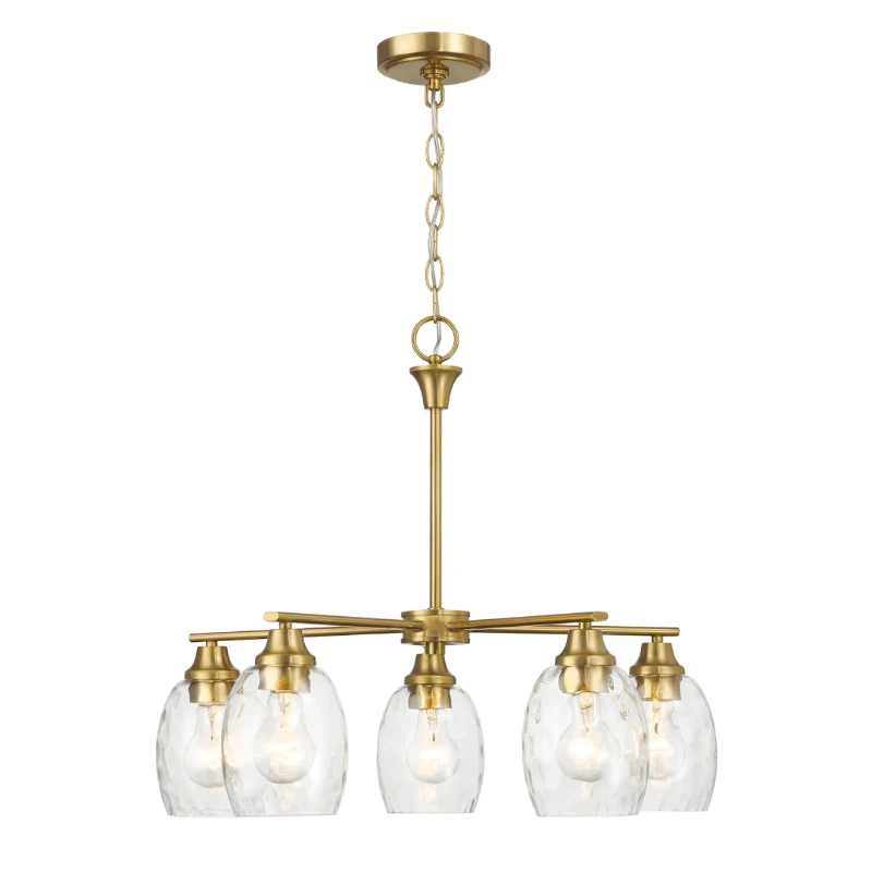 Elegance Five-Light Linear Arm Chandelier with Golden Brass Finish and Clear Water Glass, 24" L x 24" W x 20.5" H, Clear+Gold