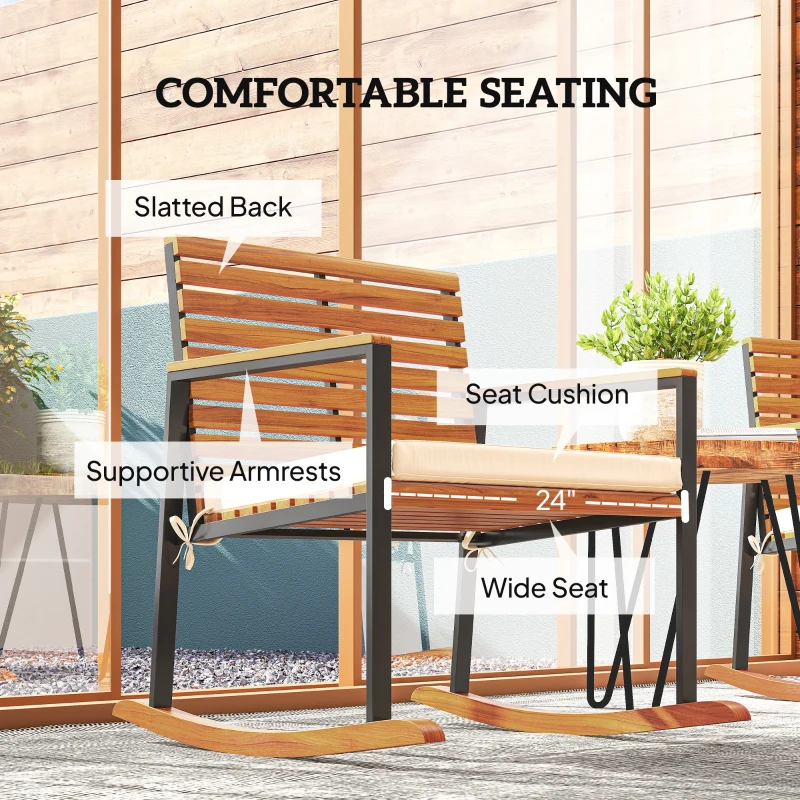 Outsunny Acacia Wood Outdoor Lawn Rocking Chair Set of 2, Outdoor Patio Rocking Chairs with Armrests, Cushion, Cream White