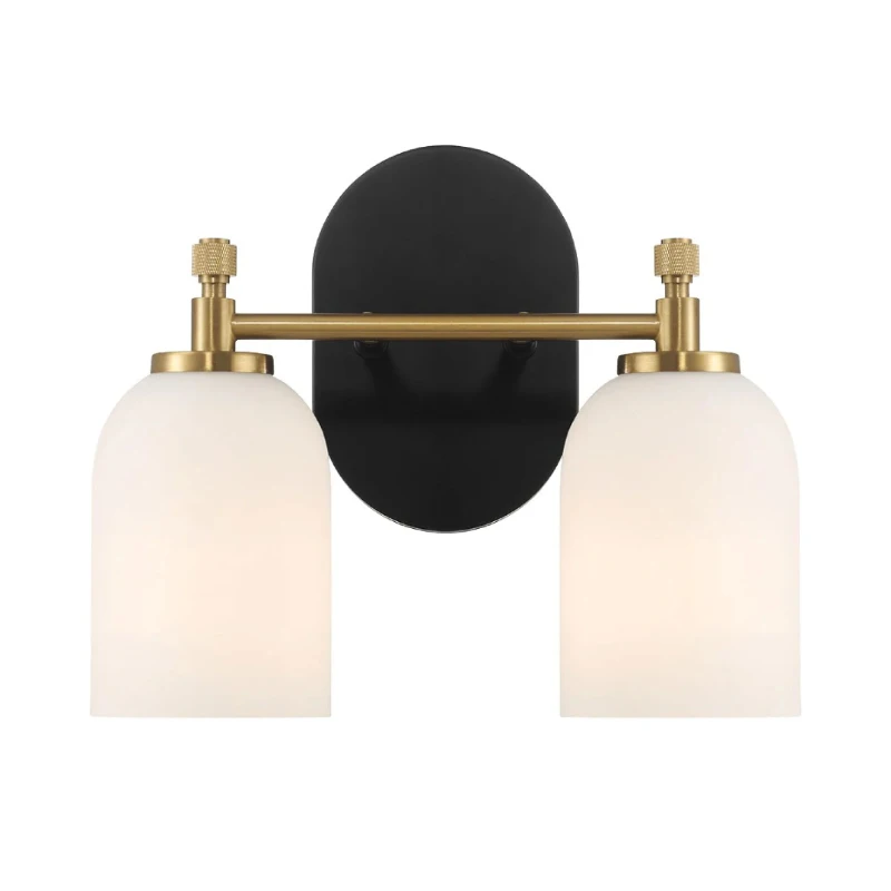 Vortex Two Lights Vanity Wall Sconce with White Frosted Glass, Traditional Style for Over Bathroom Mirror, 10.5" L x 5.5" W x 10" H, Gold+White
